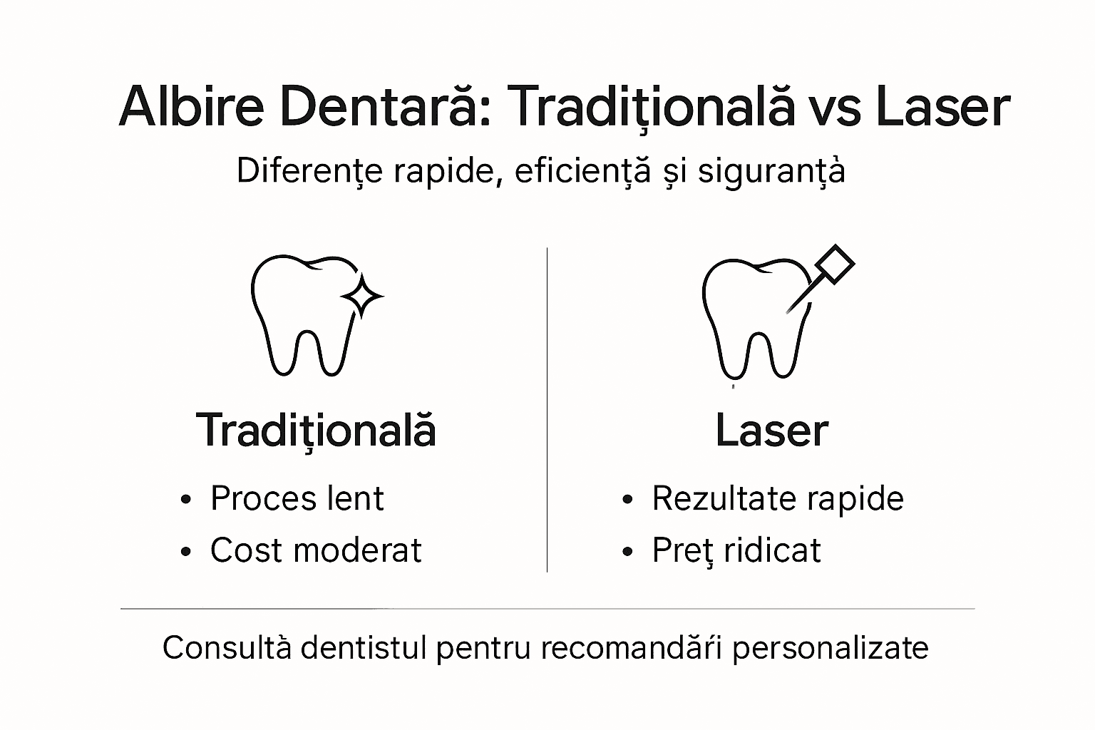Infografic: diferențele dintre albirea dentară clasică și cea cu laser