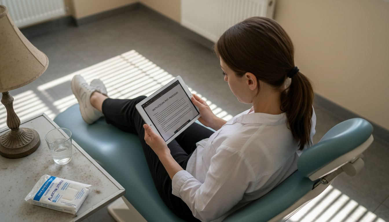 Pacientă care citește cu atenție indicațiile pentru recuperarea după implant