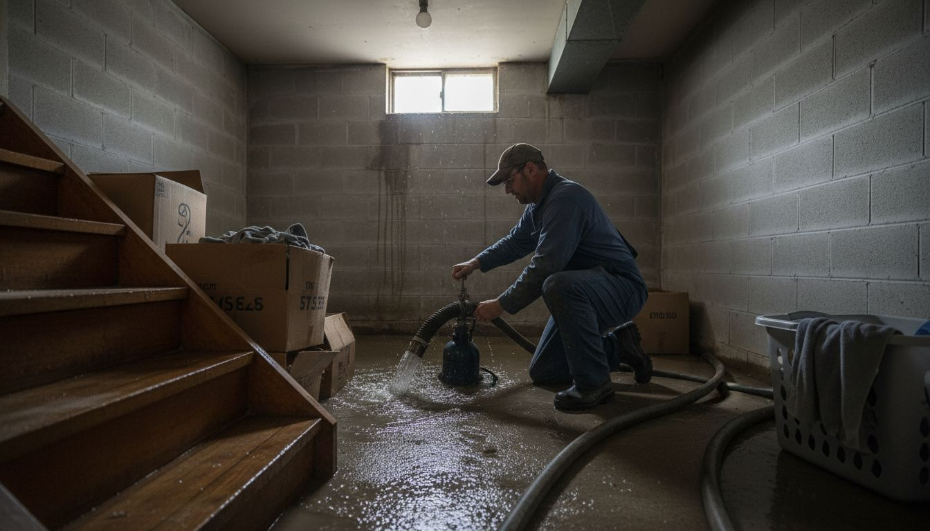 Restoration worker extracting floodwater from basement