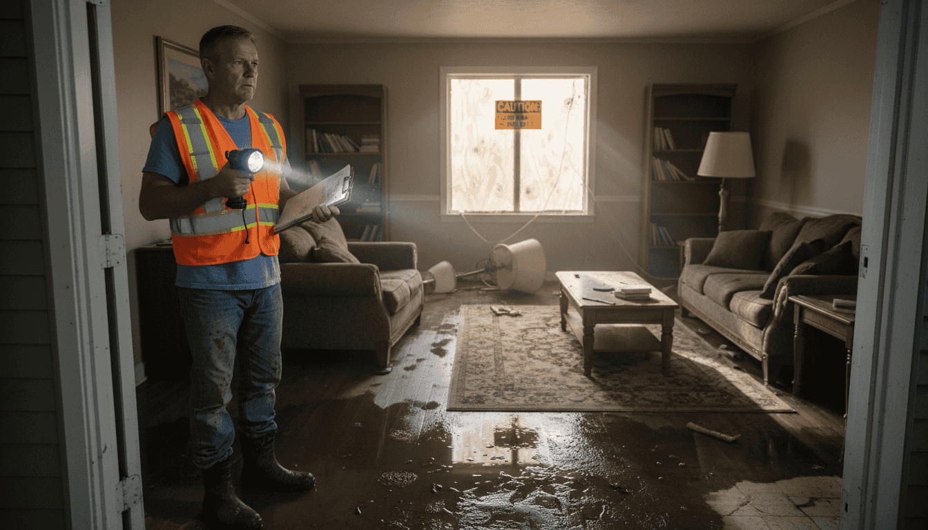 Homeowner assesses flood-damaged living room