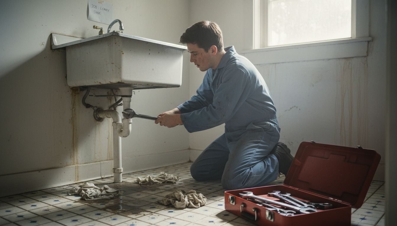 Plumber repairing leak in water-damaged room