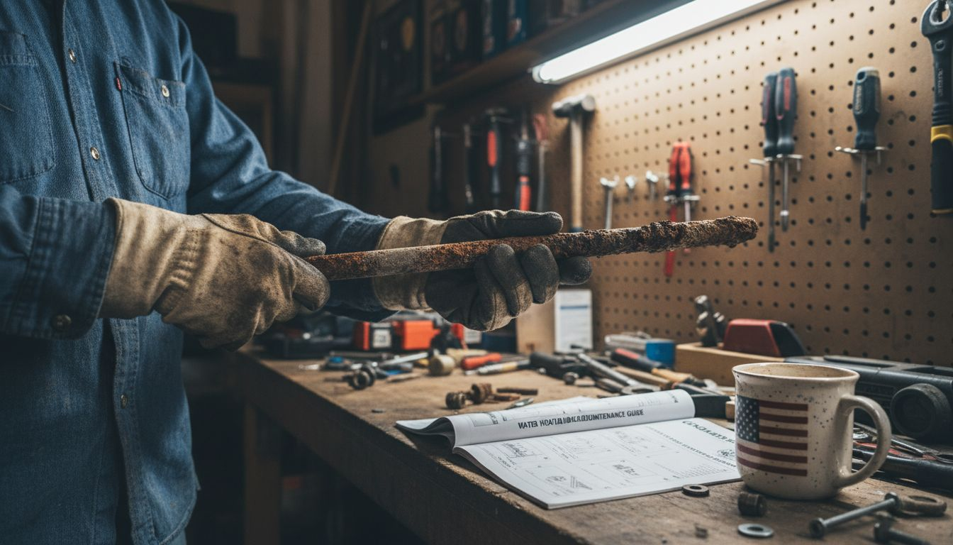 Corroded anode rod above workbench close up