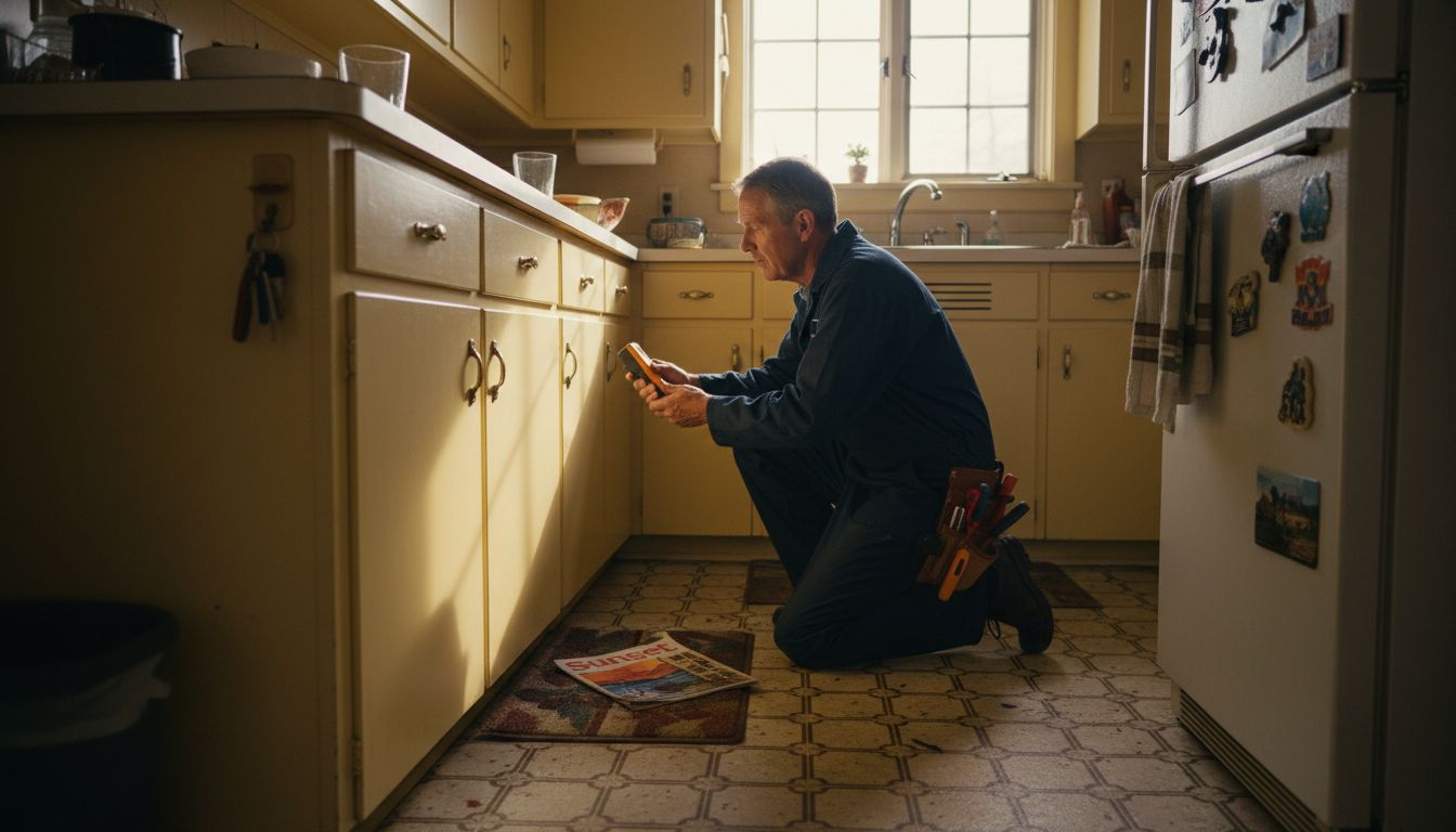 Technician checking wall moisture in kitchen