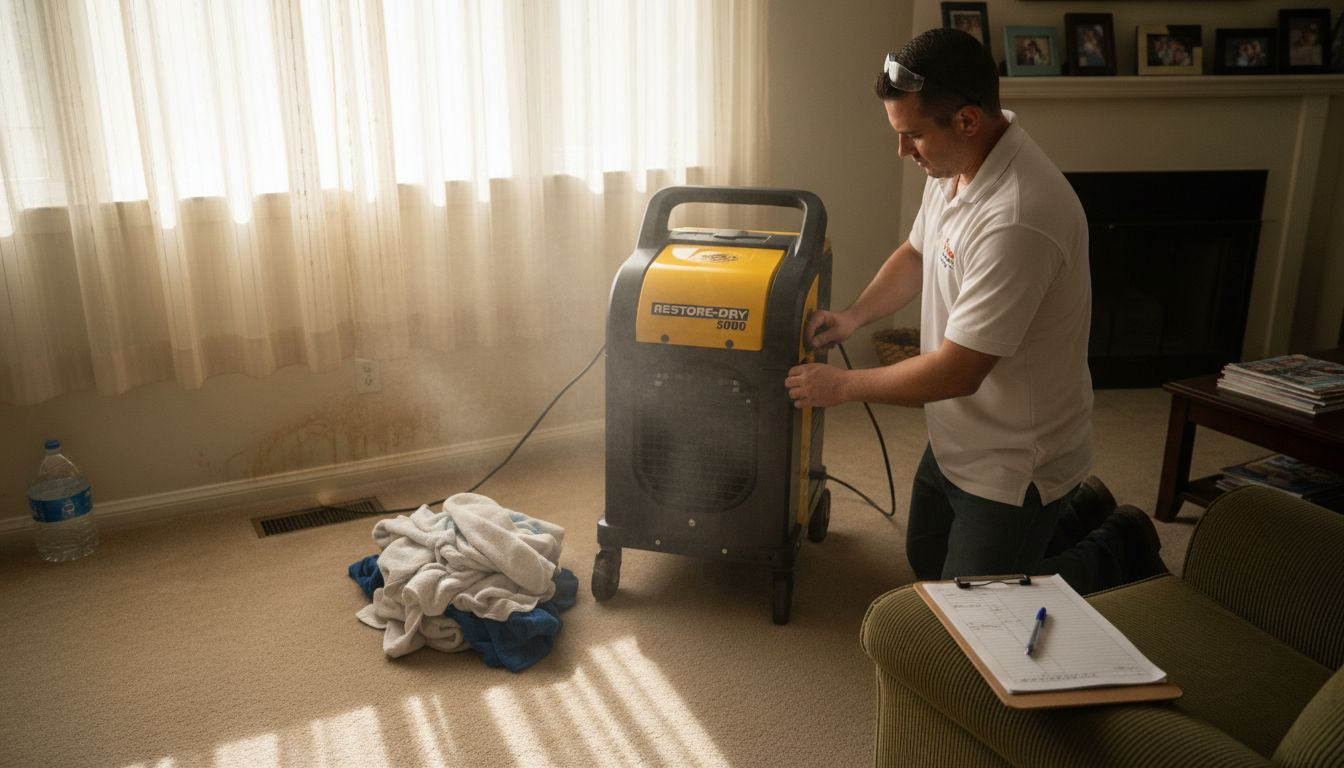 Technician using dehumidifier in water-damaged living room