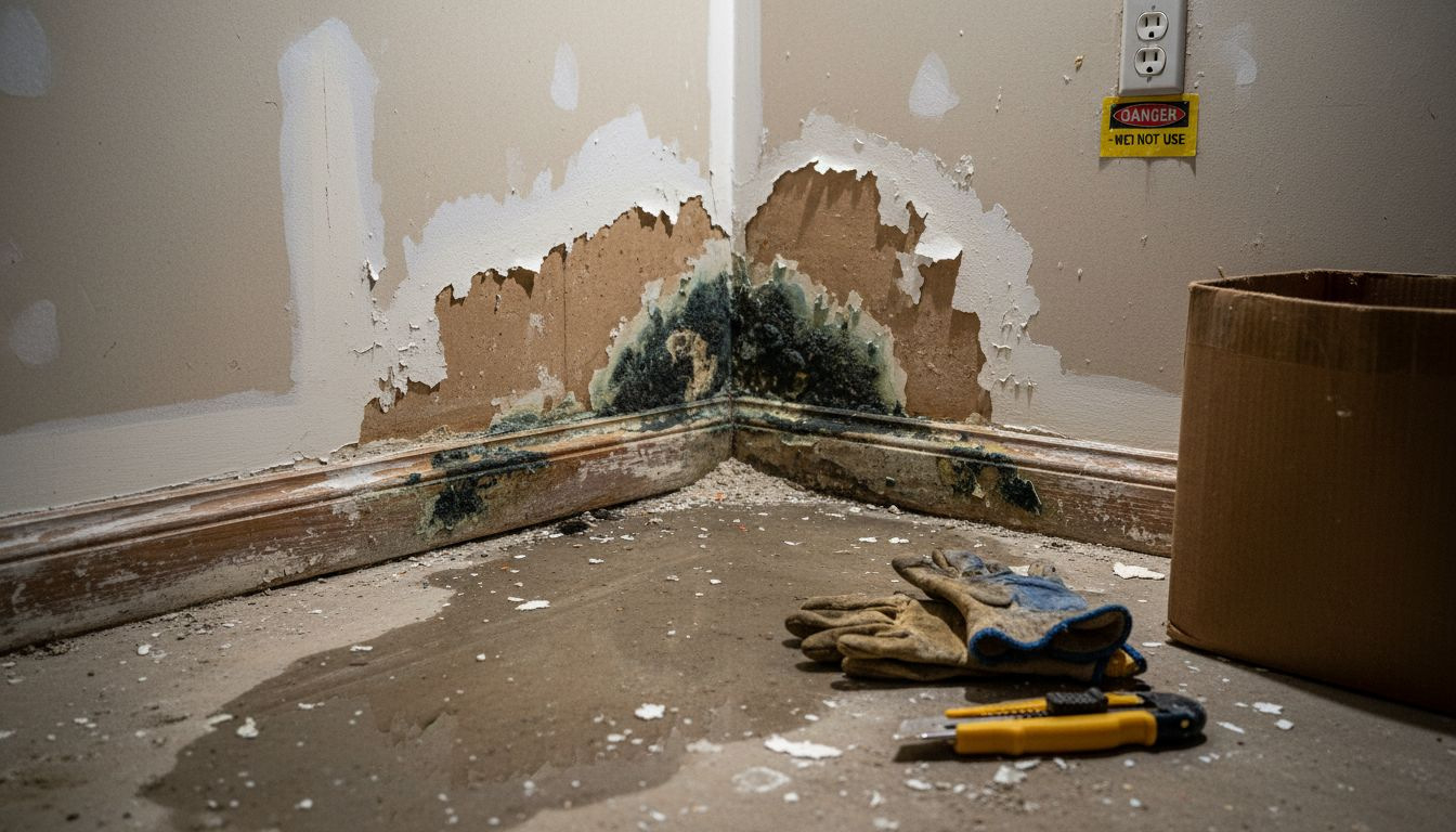 Drywall and floor with early mold damage