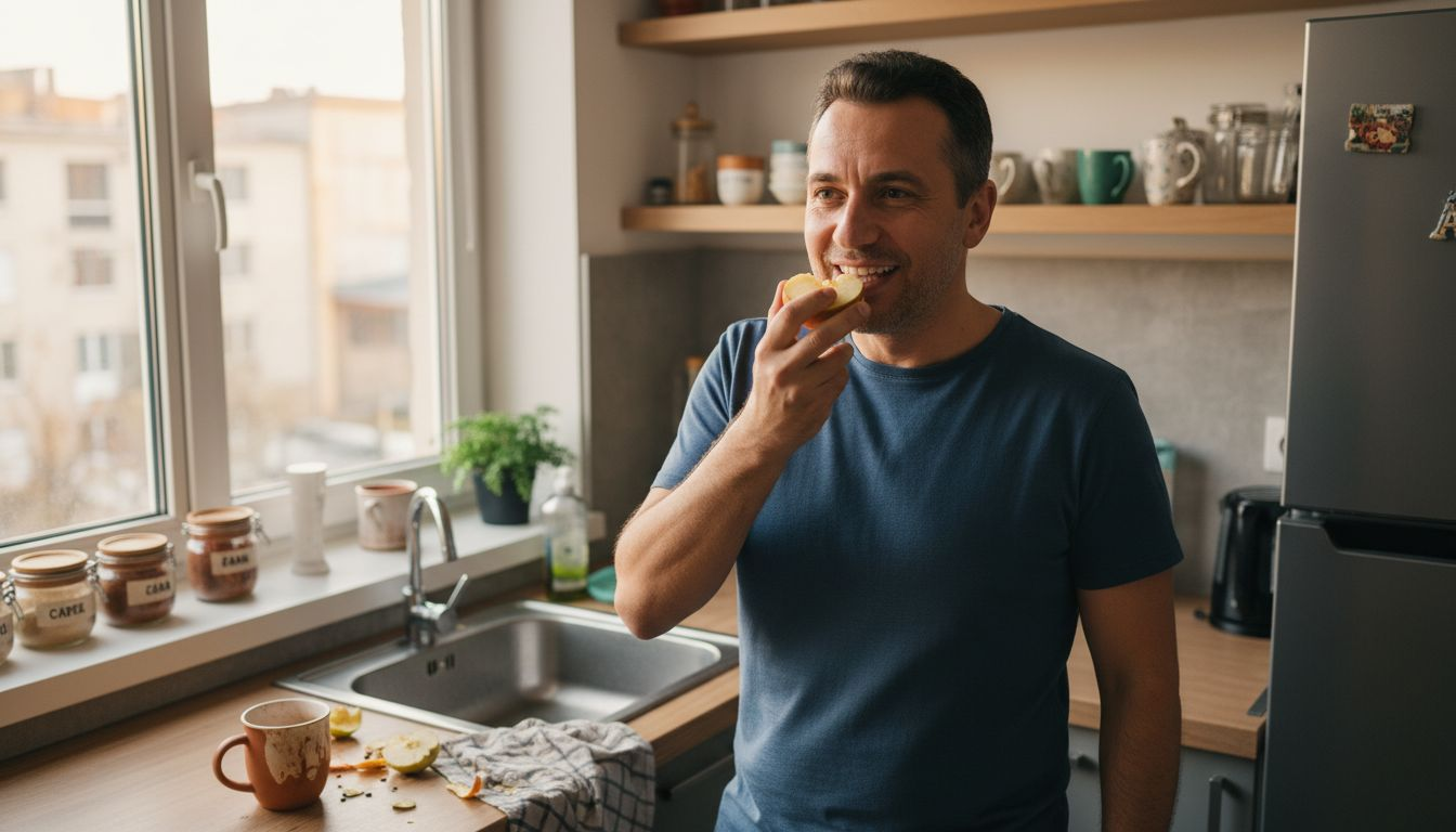 Un bărbat mușcă dintr-un măr, zâmbind cu o dantură perfect aliniată.