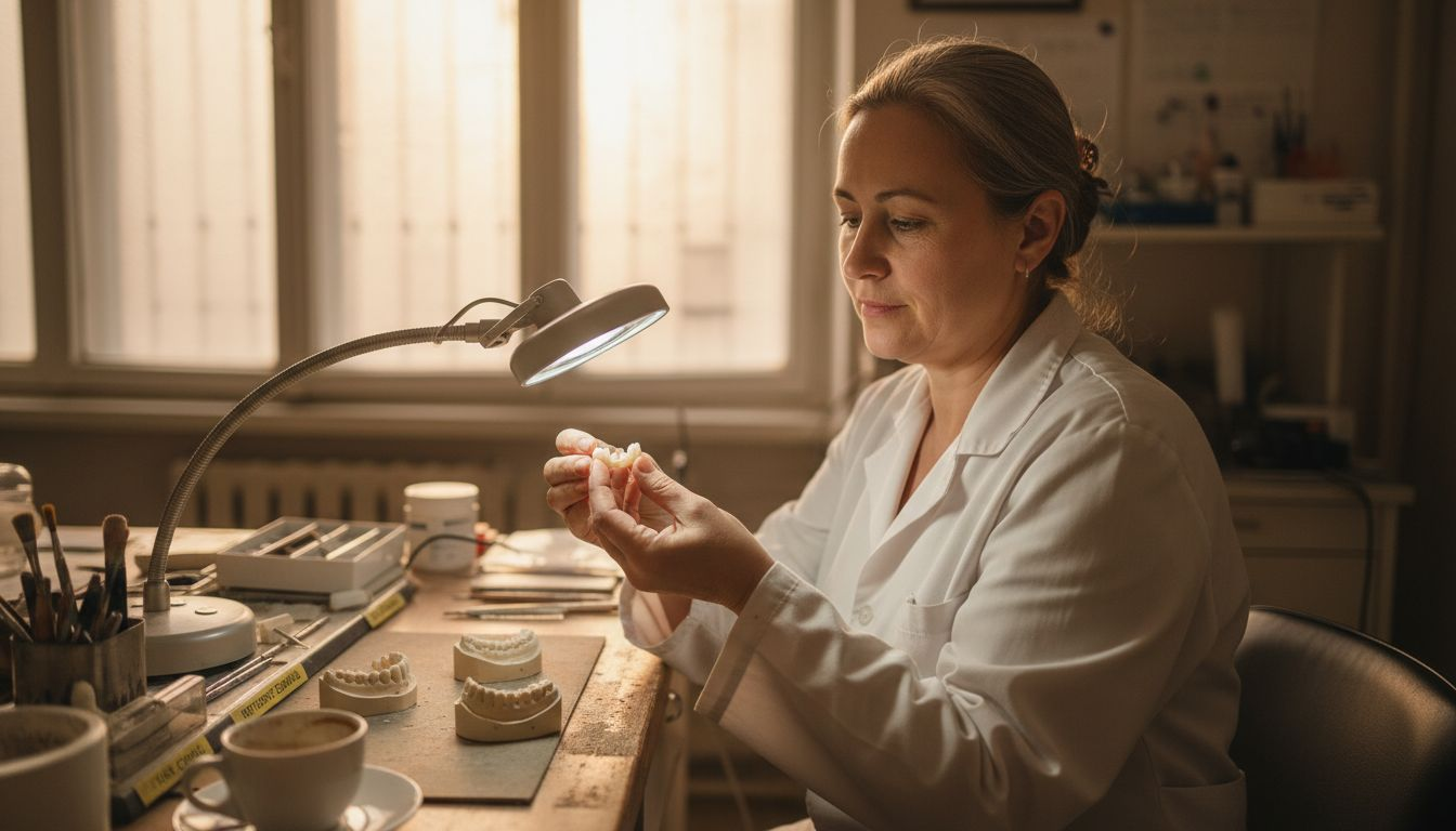 Tehnicianul dentar pregătește o coroană ceramică, acordând atenție fiecărui detaliu pentru a obține un rezultat cât mai natural și rezistent.