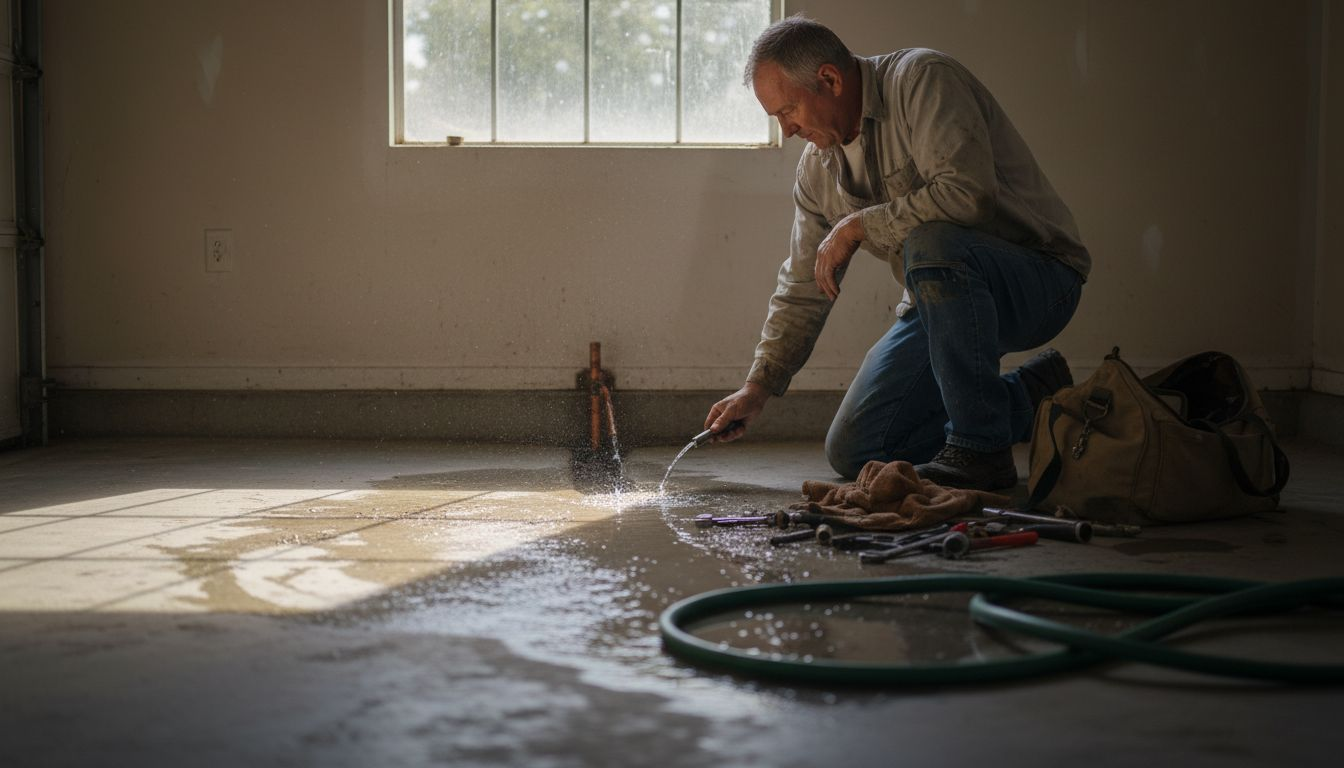 Worker inspects burst pipe water damage