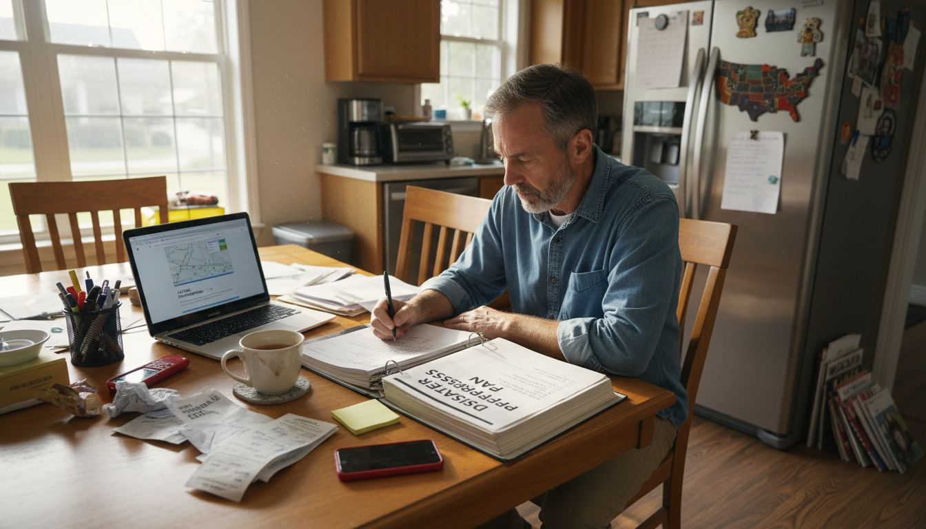 Homeowner preparing disaster plan at kitchen table