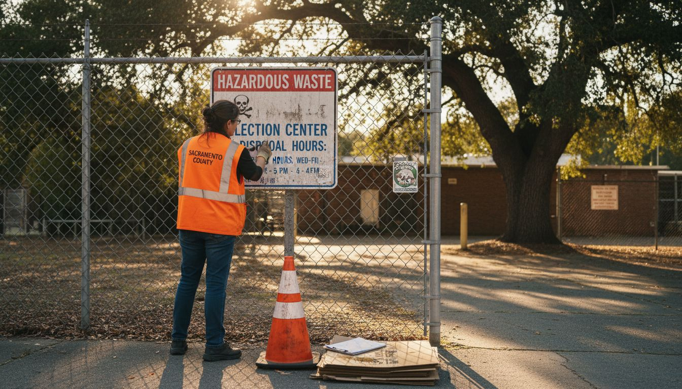 Worker updating hazardous waste disposal sign