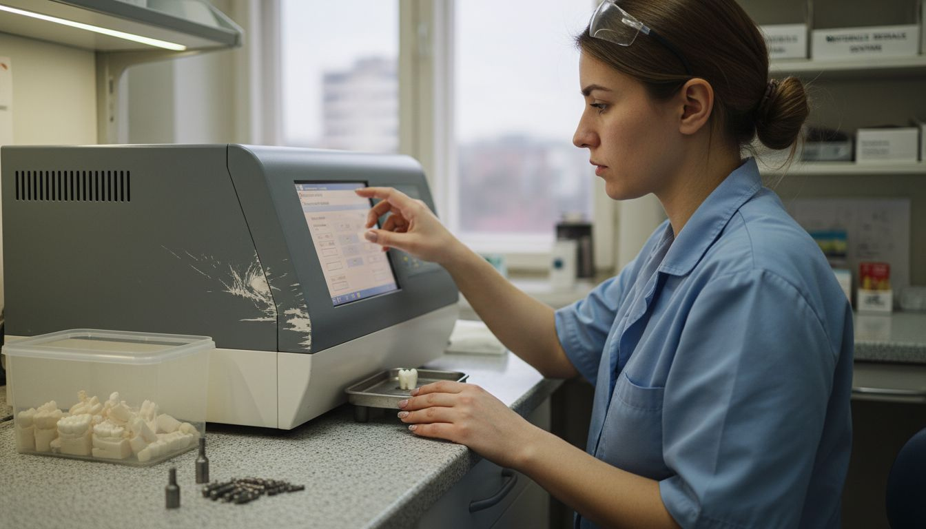 Tehnicianul dentar realizează lucrări protetice cu ajutorul tehnologiei CAD CAM, folosind freza computerizată pentru precizie maximă.