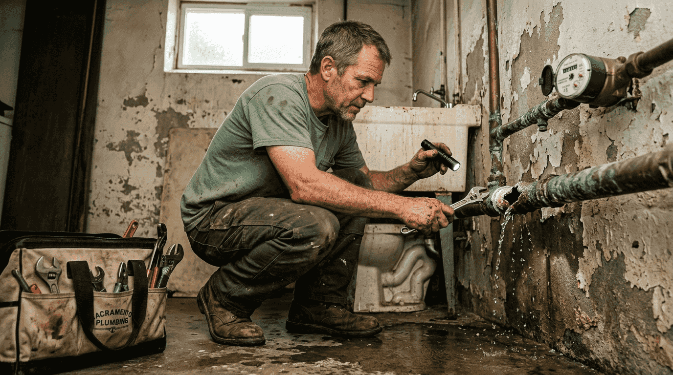 Plumber inspecting burst pipe for water contamination