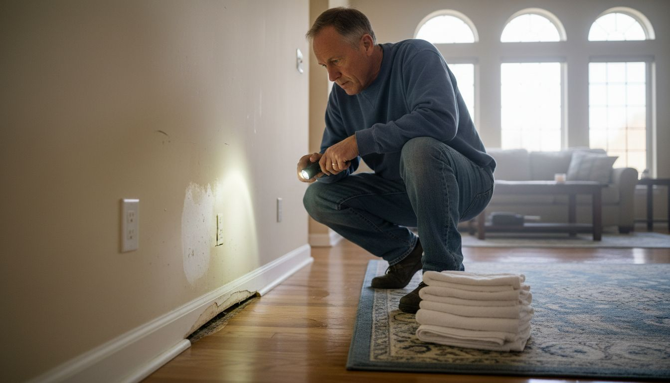 Homeowner checking water damage in living room