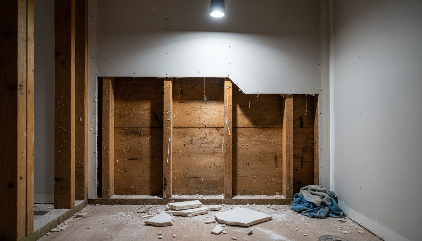 Damp wood framing exposed in hallway wall