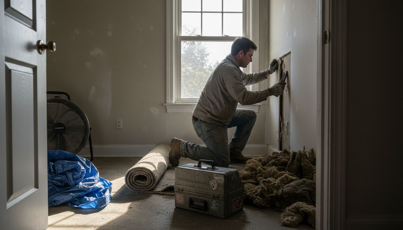 Technician removing water damaged materials