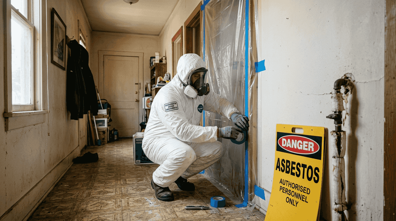 Contractor sealing hallway for asbestos abatement