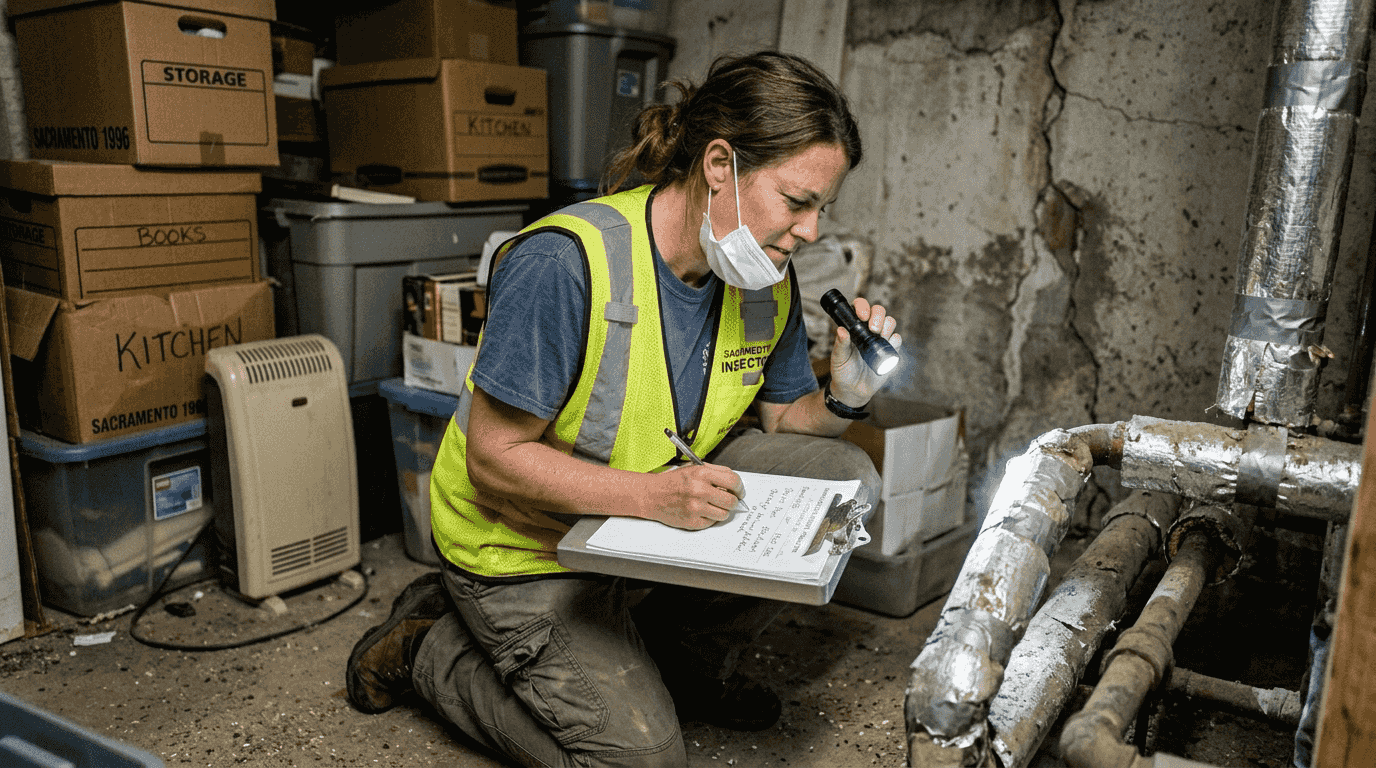 Inspector checks basement pipe insulation for asbestos