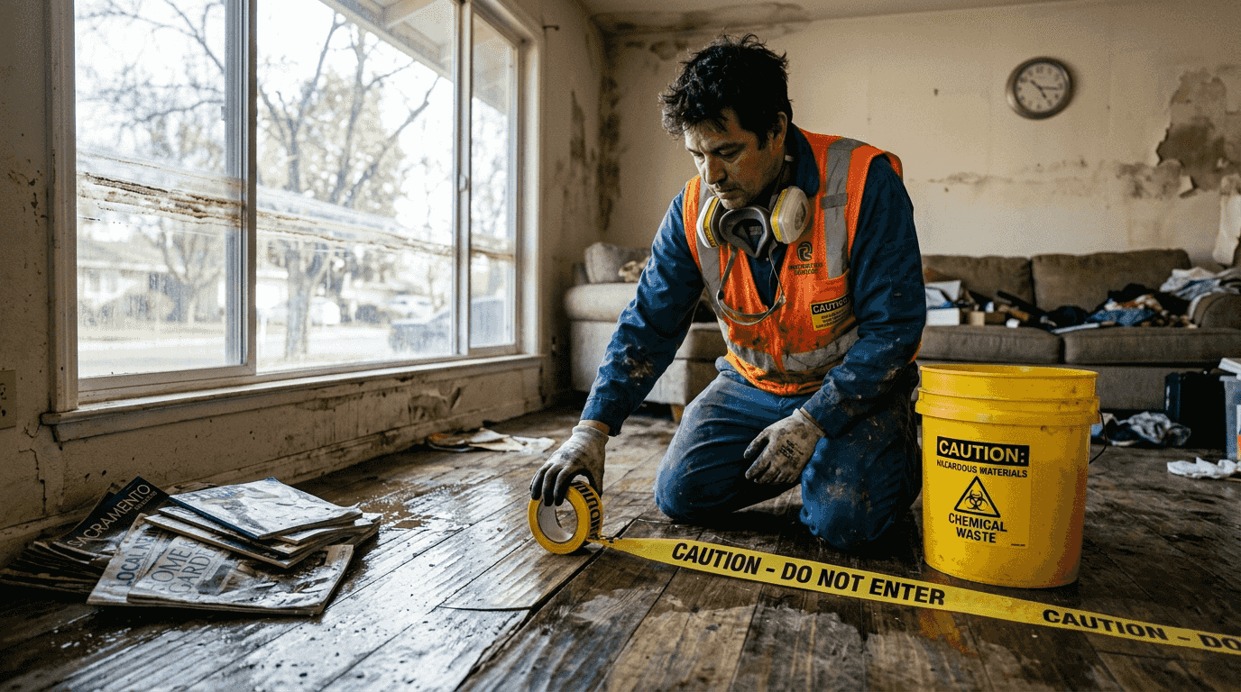 Technician begins hazardous material cleanup indoors