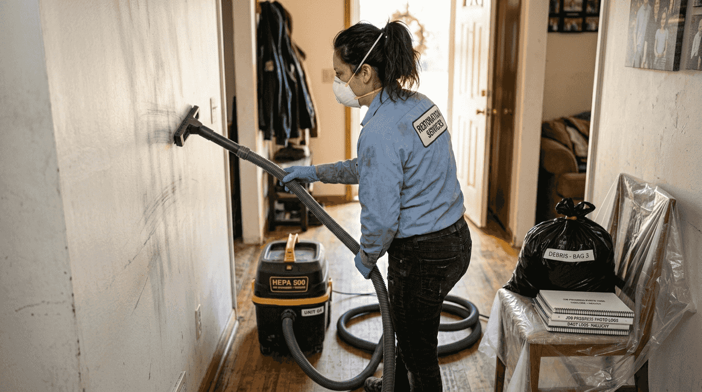 Worker cleaning hallway wall after fire damage