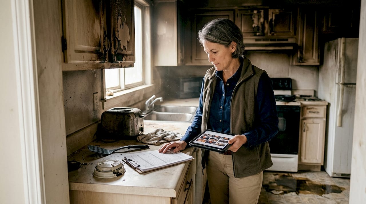 Fire adjuster reviewing kitchen disaster scene