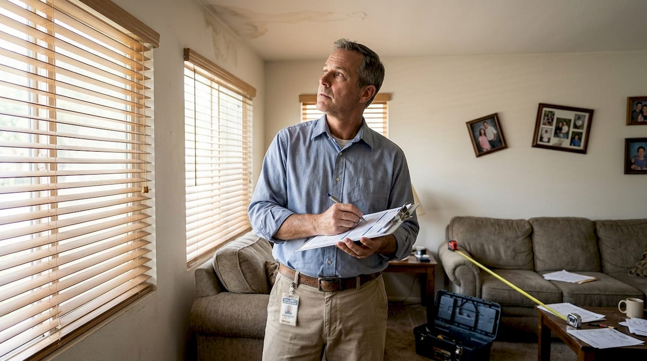 Adjuster inspecting damaged living room ceiling