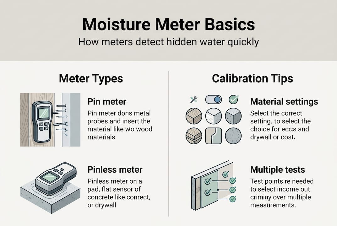 Infographic explaining moisture meter basics and calibration