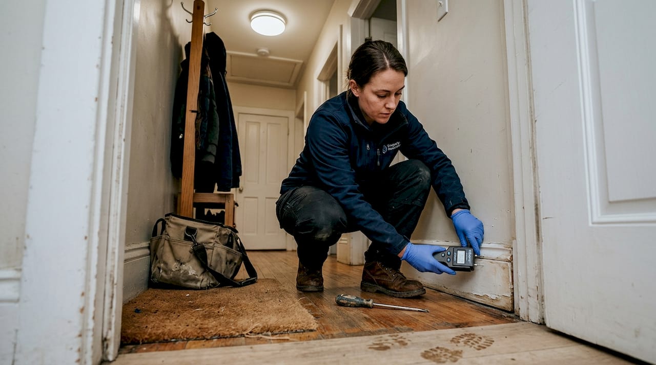 Technician measuring moisture in damaged baseboard
