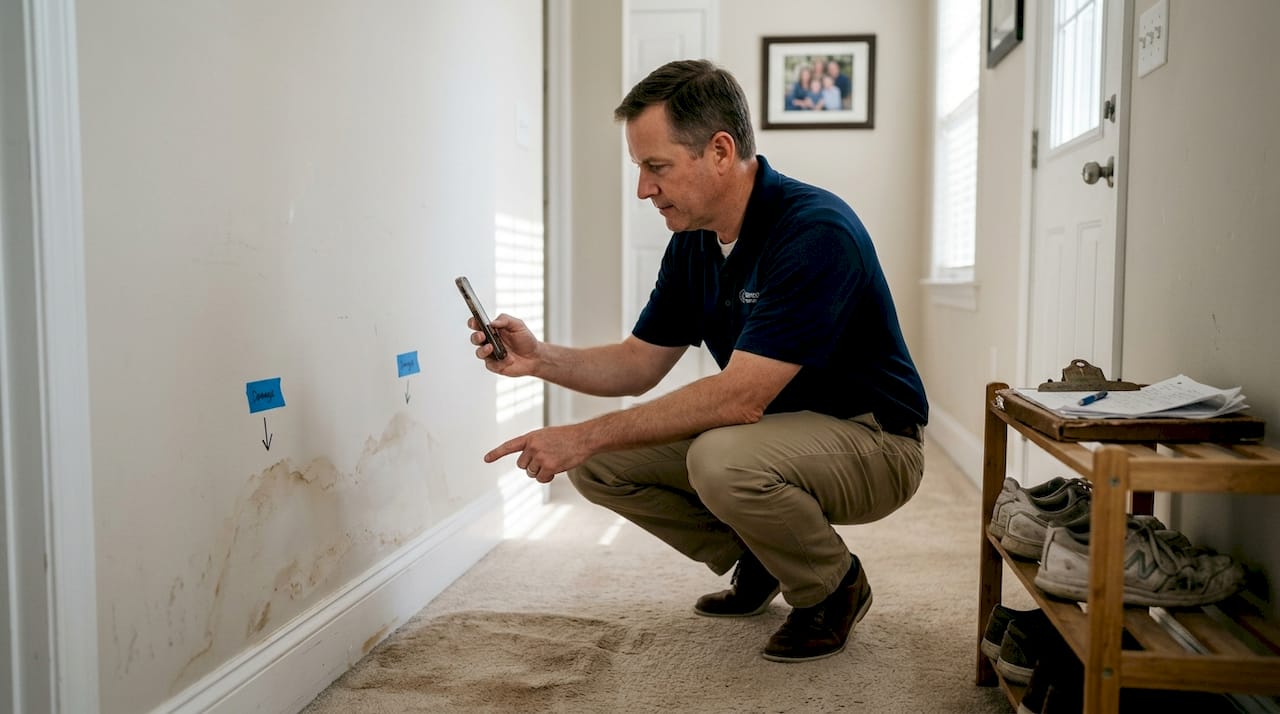 Insurance adjuster photographs water damage in hallway