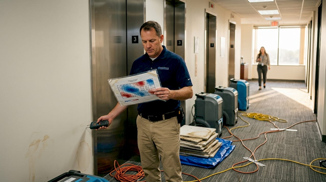 Manager reviews moisture map in office corridor