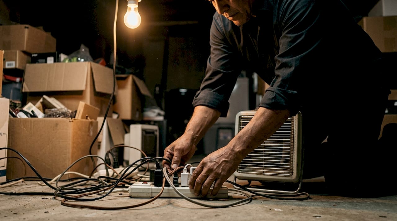 Hands unplugging overloaded power strip in utility room