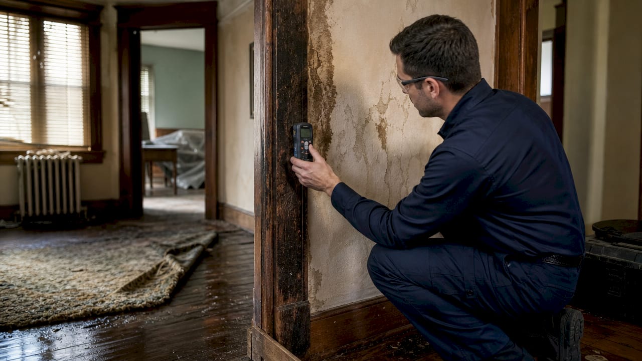 Restoration specialist inspecting fire and flood damaged room