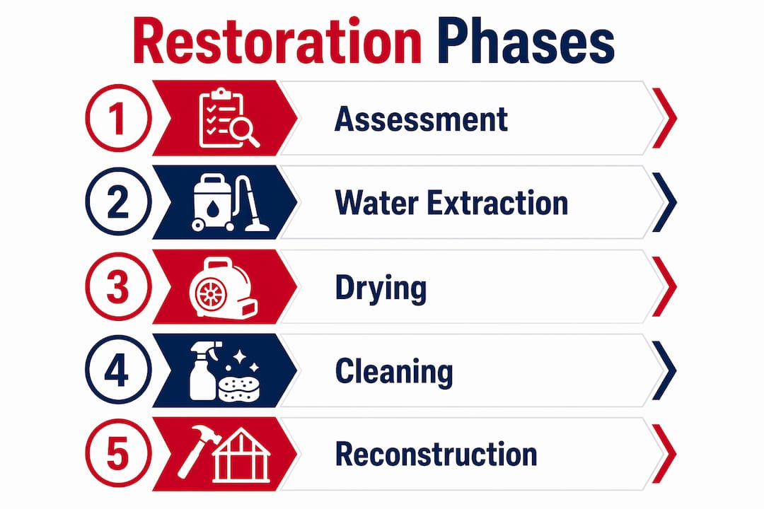 Infographic illustrating restoration phases for fire and flood damage