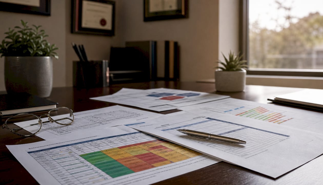 Desk with disaster recovery documents and reading glasses