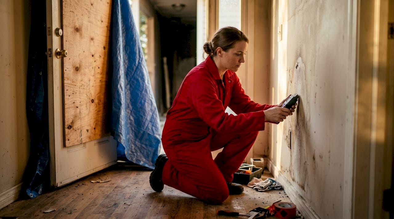Technician inspecting fire-damaged home interior.