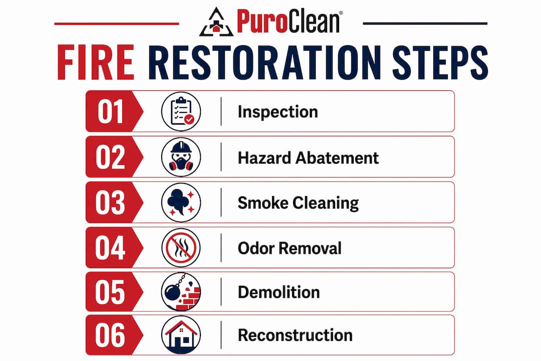 Infographic illustrating fire restoration process steps.