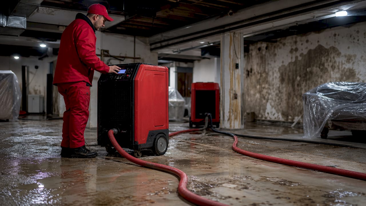 Technician setting dehumidifiers for water damage