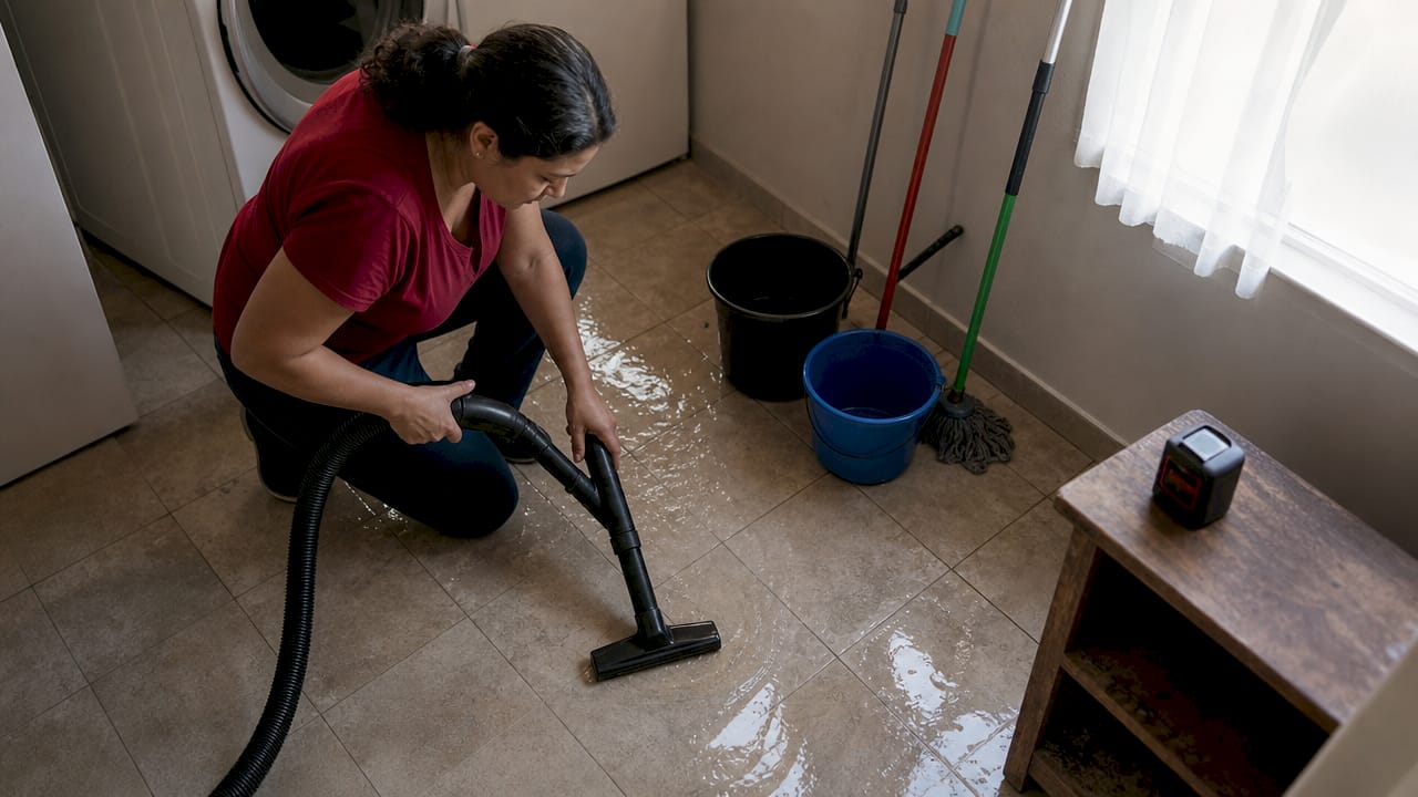 Homeowner vacuuming water in living room floor