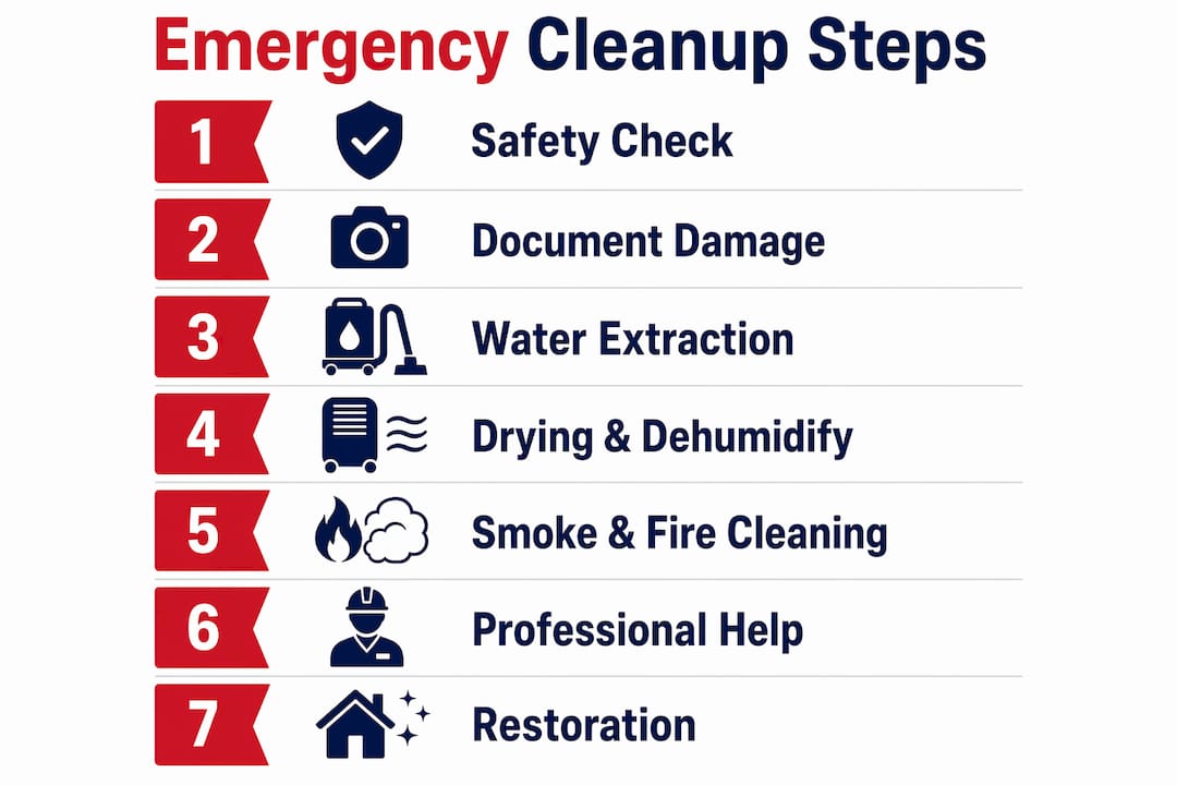 Infographic showing emergency cleanup steps from safety to restoration
