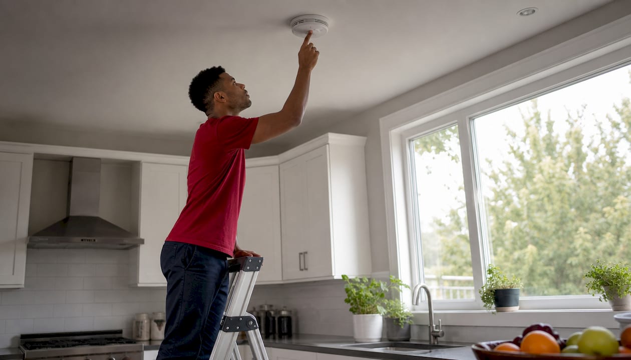 Man testing smoke alarm at home