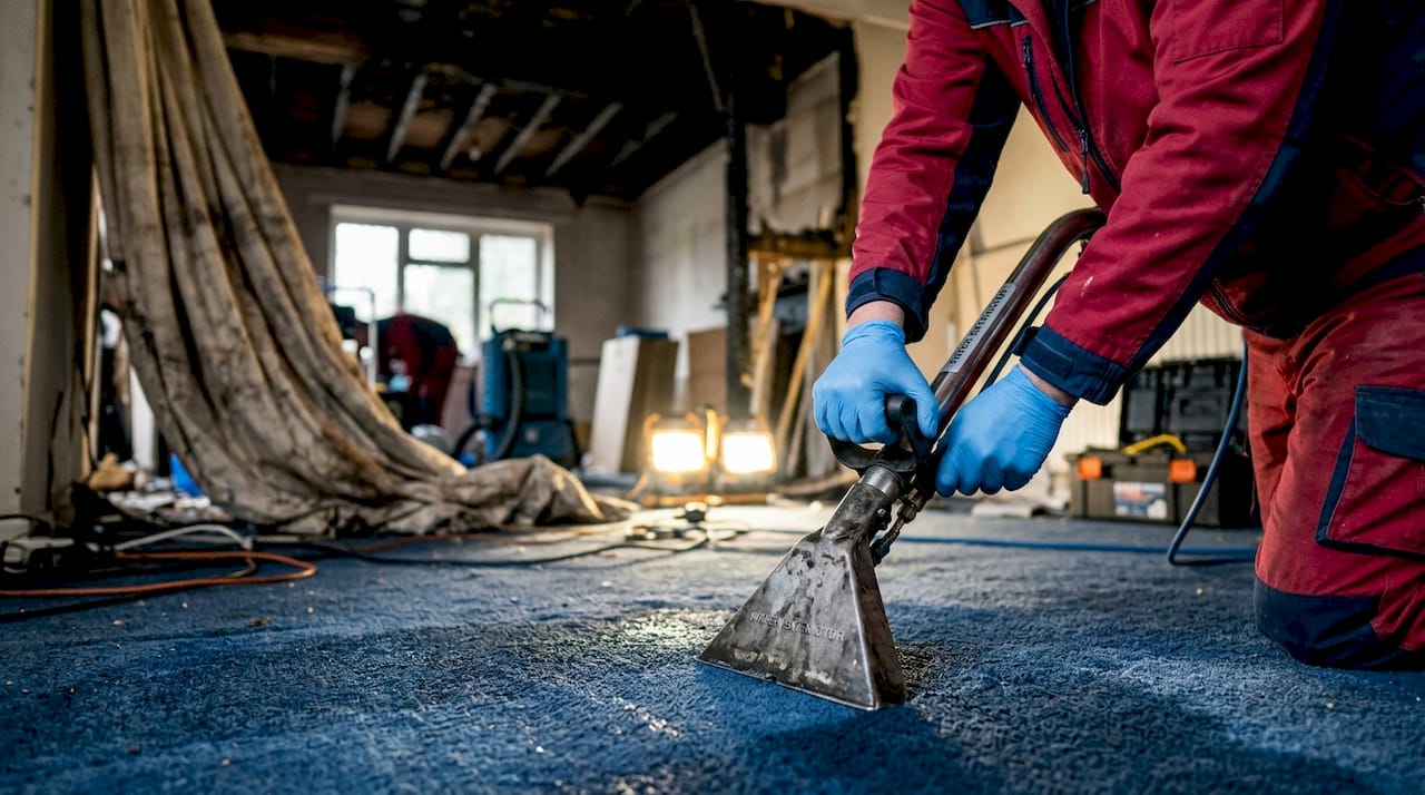 Hands using water extractor in fire-damaged living room