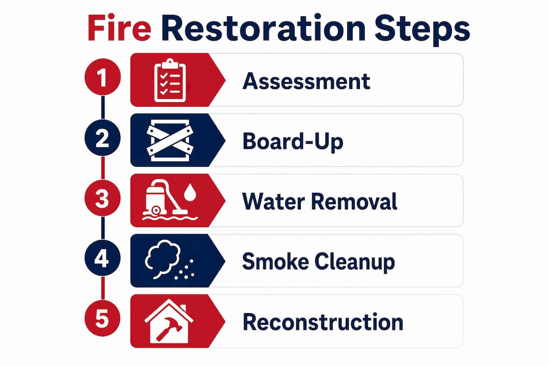 Infographic showing fire restoration step-by-step process