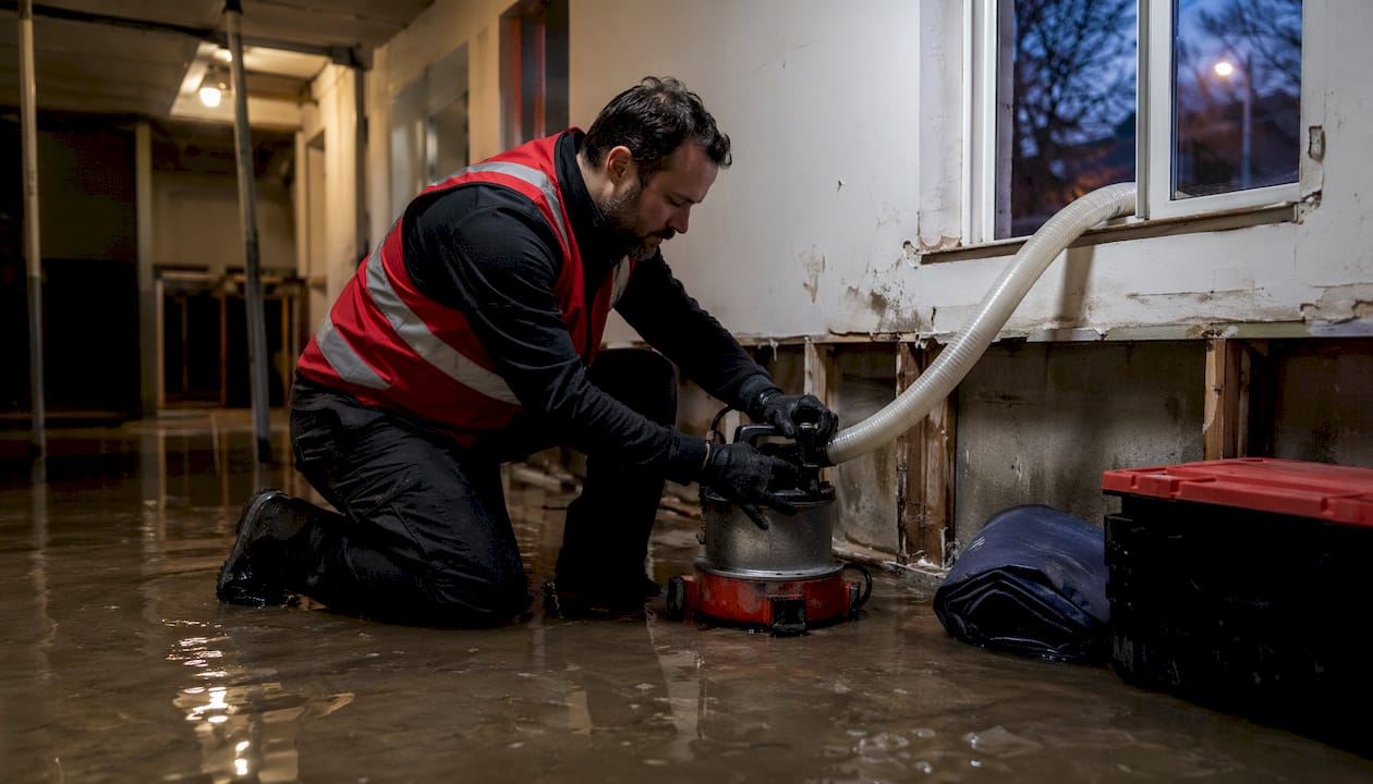 Technician pumping water from flooded home floor