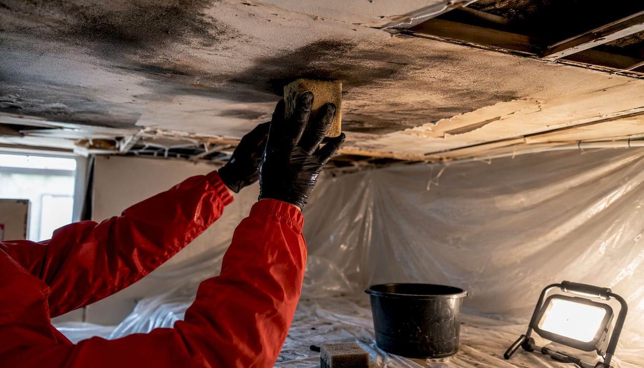 Close-up of hands cleaning soot from wall