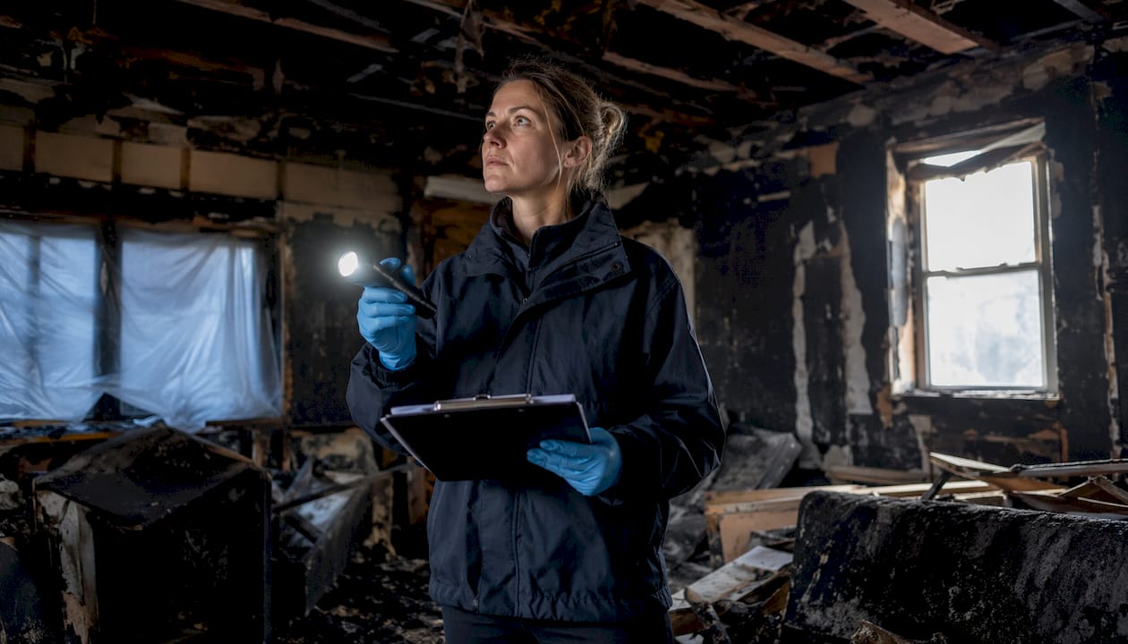 Fire restoration specialist assessing damage inside home