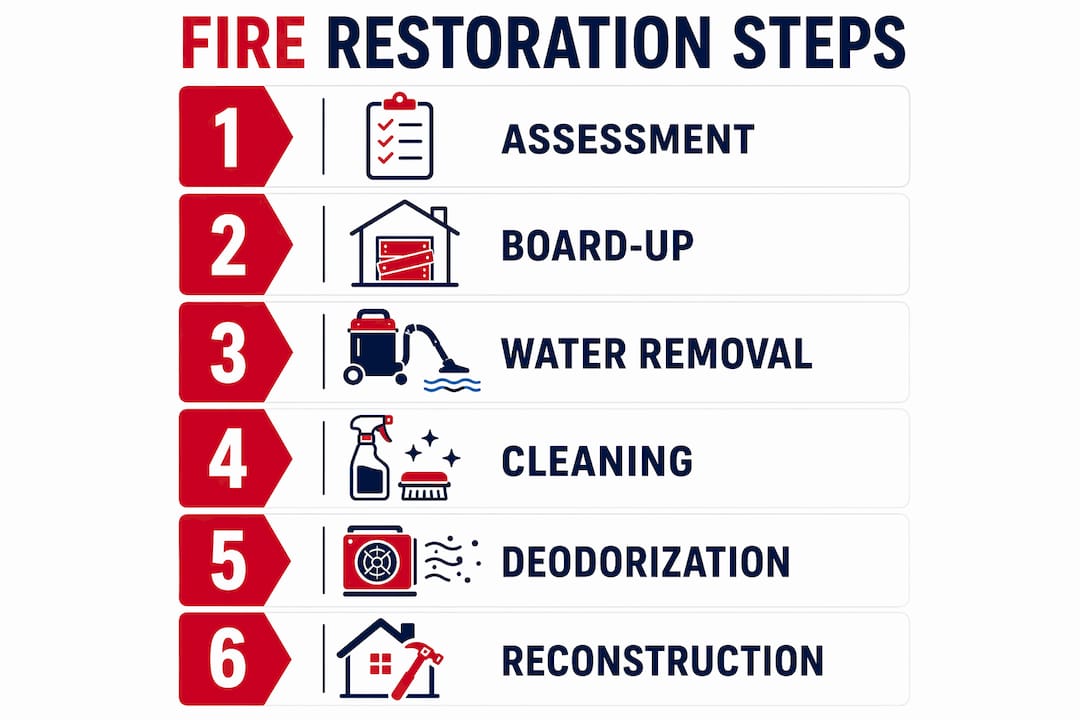 Infographic showing fire restoration six-step process