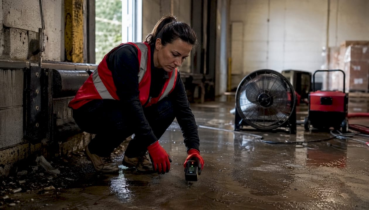 Technician performing emergency water damage assessment indoors