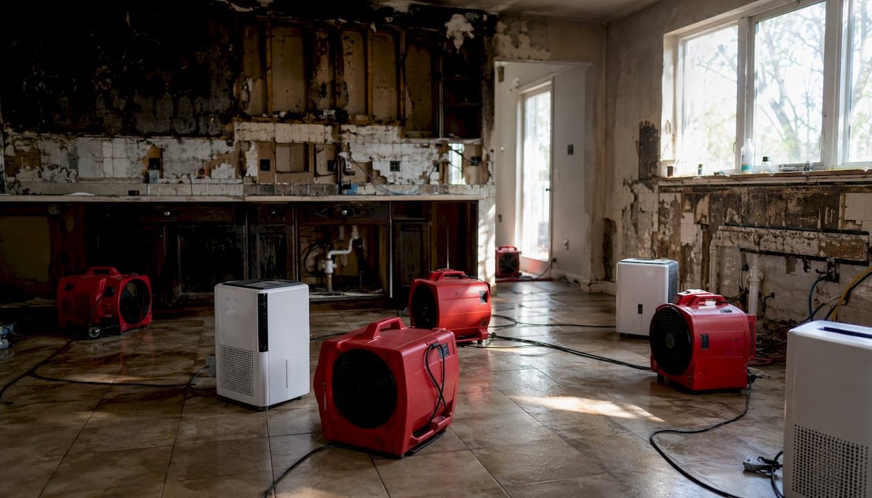 Room drying with air movers and dehumidifiers after damage