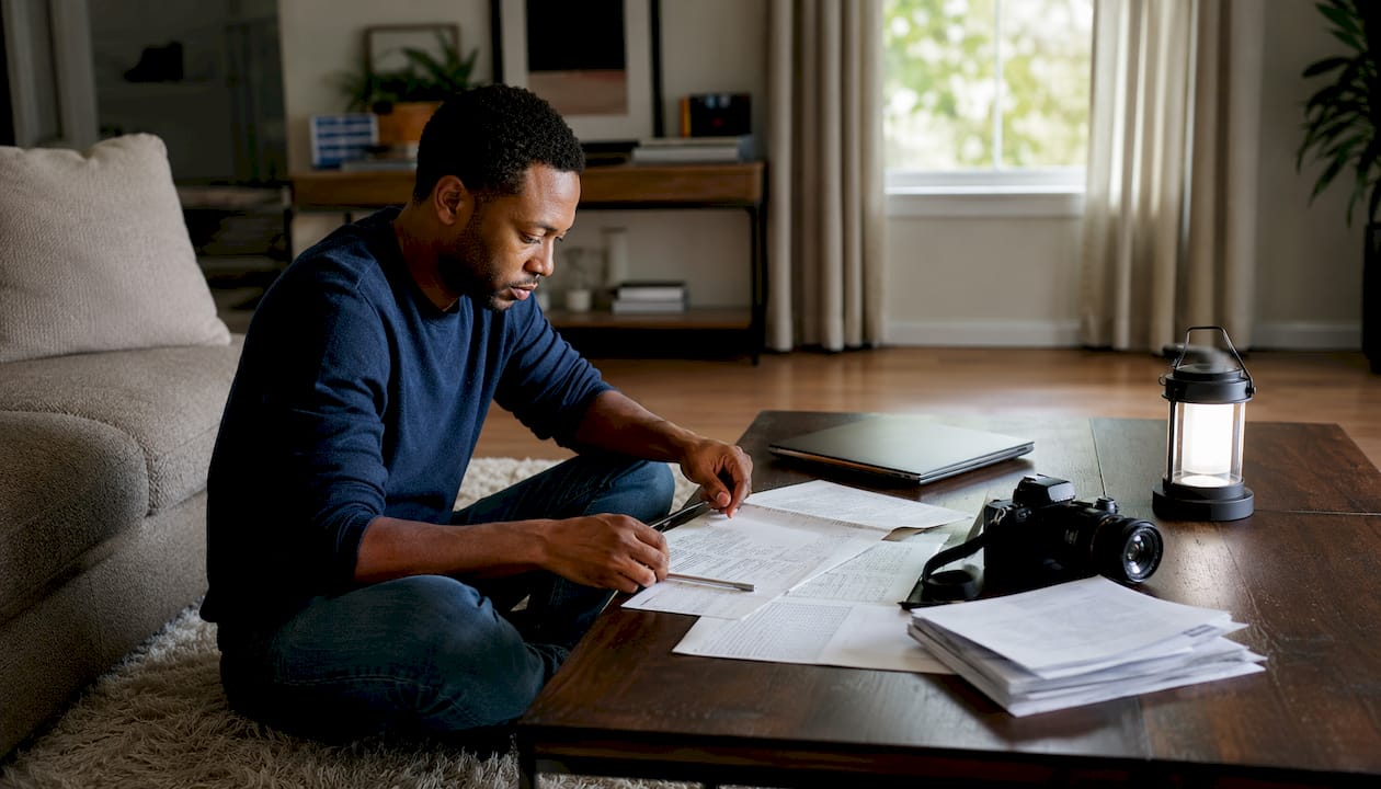 Hands organizing home claim inventory documents