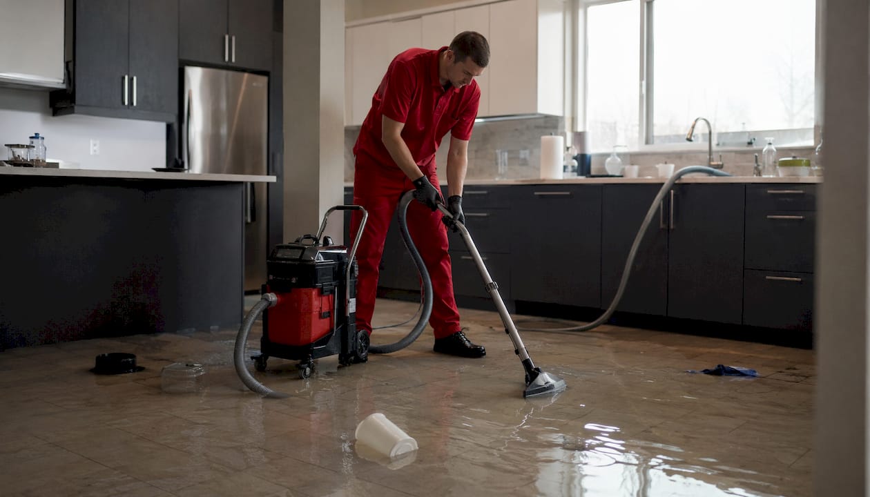 Crew extracting water from flooded home room