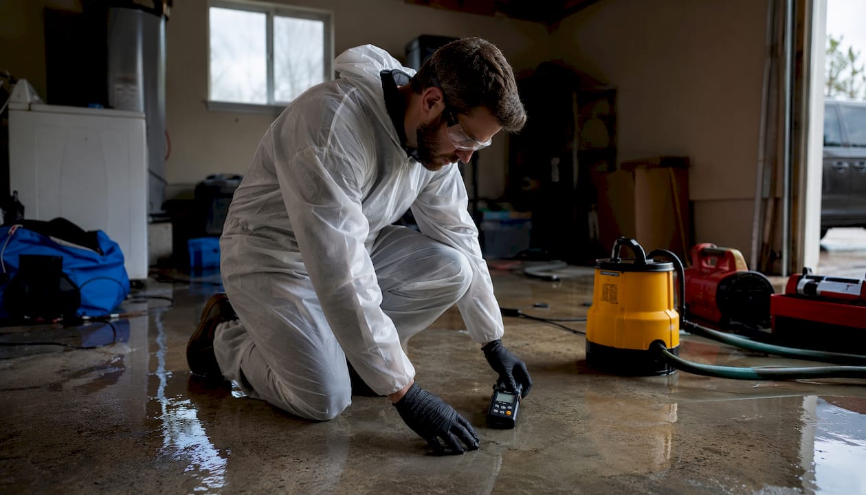 Technician measuring moisture during water restoration